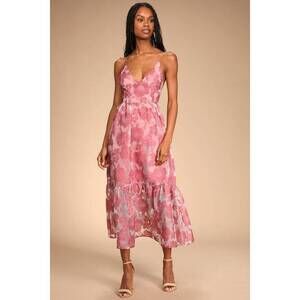 Lulus Feeling Like Forever Rose Jacquard Organza Lace-up Midi Dress Pink